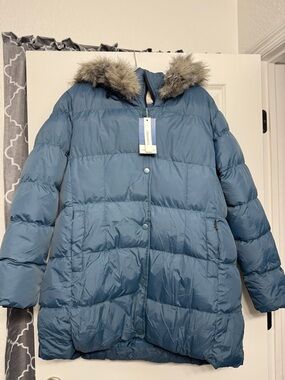 Women's Blue Puffer Coat with Faux Fur Hood - Unbranded